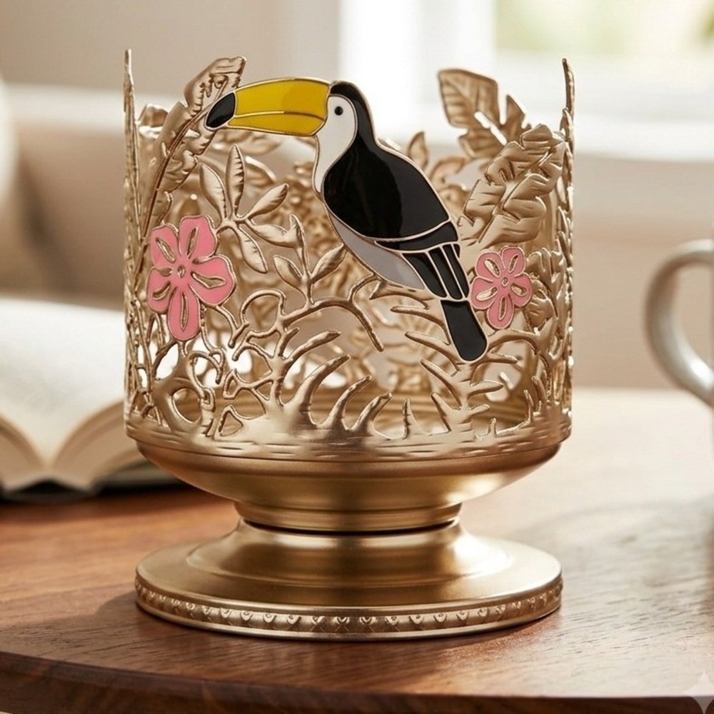 Bath Body Works Toucan Tropical‎ Flower Candle Holder Pedestal Stand Gold